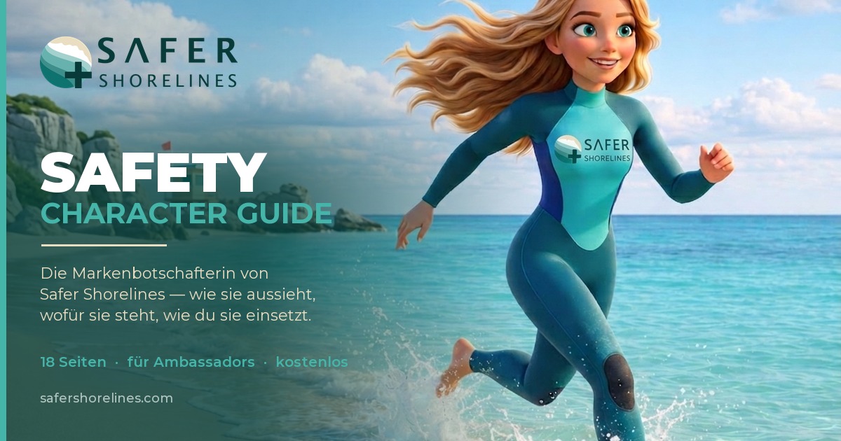 Safety Character Guide — Safety läuft am Strand entlang der Wasserlinie