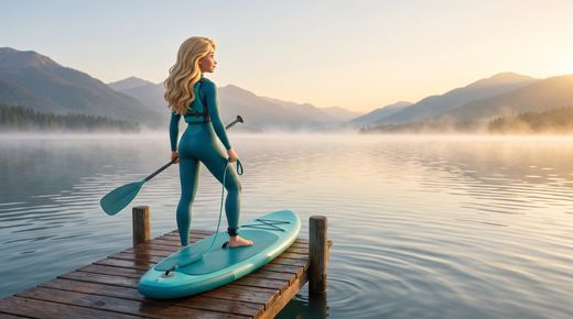 Regel 1: Wetter & Bedingungen prüfen — Ausgangslage · Safety stands at the end of a wooden jetty in the early morning, board at her feet, looking out