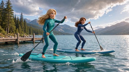 Regel 1: Wetter & Bedingungen prüfen — so geht es richtig · Same shoreline, same light: both paddle out side by side on separate boards, mid-stroke, 