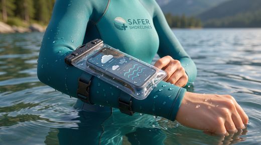 Regel 1: Wetter & Bedingungen prüfen — Detail · Close-up of a waterproof phone in a sealed pouch strapped to Safety's forearm, showing a weather app.
