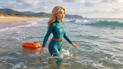 Regel 1: Wetter & Bedingungen prüfen — sport · Safety stands chest-deep in gentle surf, counting the wave sets before starting her swim. Bright orang