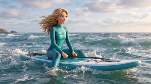 Regel 1: Wetter & Bedingungen prüfen — Sitting on her board in shallow water at the shoreline, feet in the wash, Safety watches the incoming wave set