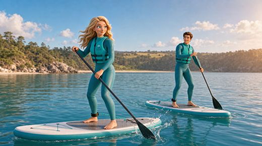 Regel 2: Immer mit Partner – Buddy-System & Aufsicht — Ausgangslage · Mid-paddle on open water, Safety turns her head to look back at her buddy a few metres behind h