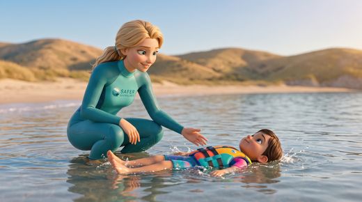 Regel 2: Immer mit Partner – Buddy-System & Aufsicht — Ausgangslage · In shallow calm water, Safety crouches beside a child wearing a correctly fitted small buoyancy