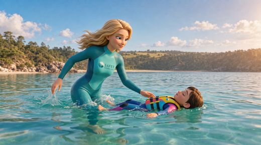 Regel 2: Immer mit Partner – Buddy-System & Aufsicht — so geht es richtig · Same shallow water, same light: the child floats on its back, Safety still within arm's r
