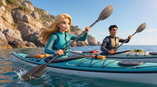 Regel 2: Immer mit Partner – Buddy-System & Aufsicht — sport · Two sea kayaks paddling side by side at safe distance along a rocky coast, Safety in the near one, an 