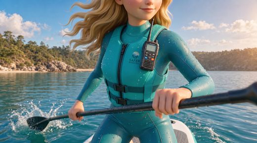 Regel 2: Immer mit Partner – Buddy-System & Aufsicht — Detail · Close-up of a small waterproof VHF radio clipped to the shoulder strap of Safety's buoyancy aid, on h