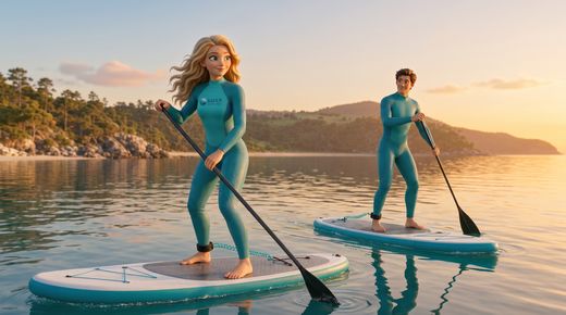 Regel 2: Immer mit Partner – Buddy-System & Aufsicht — regelbild · Two paddlers side by side on mirror-still water at golden hour, seen from water level, both in the