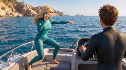 Regel 4: Auf andere achten – Notfälle erkennen & richtig reagieren — so geht es richtig · Same shoreline, same light: Safety holds a phone to her ear, her other arm extended point