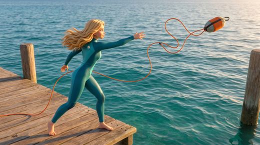 Regel 4: Auf andere achten – Notfälle erkennen & richtig reagieren — so geht es richtig · Same jetty, same light: Safety throws the bag out over the water, line uncoiling in the a