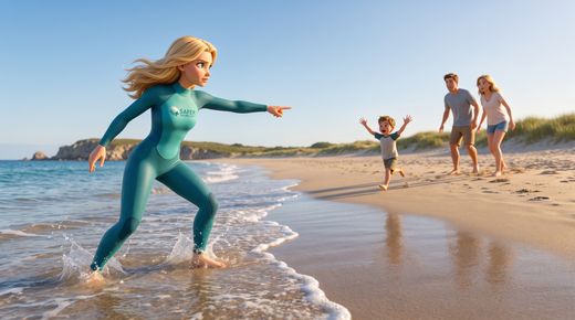 Regel 4: Auf andere achten – Notfälle erkennen & richtig reagieren — sport · At the shoreline, a child runs up the beach towards adults, arms raised, calling for help — while Safe