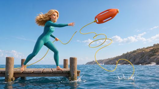 Regel 4: Auf andere achten – Notfälle erkennen & richtig reagieren — From a low jetty, both feet firmly planted on the boards, Safety throws an orange rescue throw bag out over th
