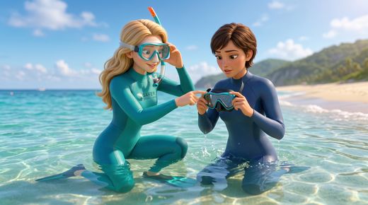 Regel 6: Ausbildung & Grenzen — sport · Safety in full snorkelling gear kneels in shallow clear water beside an adult learner, showing how to 