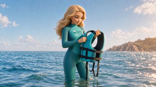 Regel 7: Richtige Ausrüstung – Rettungsweste zuerst! — Ausgangslage · Standing shin-deep in water, Safety holds an open certified buoyancy aid in both hands, checkin