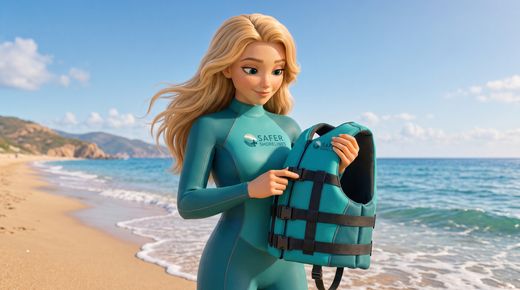 Regel 7: Richtige Ausrüstung – Rettungsweste zuerst! — start2 · Safety holds an open certified buoyancy aid in both hands in front of her, checking the buckles and s