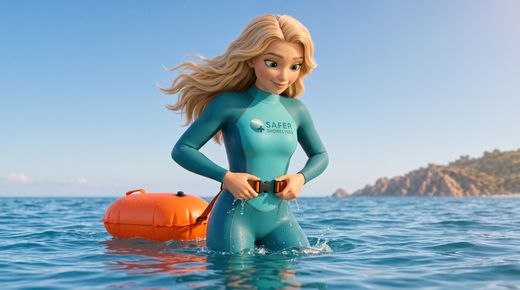 Regel 7: Richtige Ausrüstung – Rettungsweste zuerst! — Ausgangslage · At the waterline, Safety clips the waist belt of a bright orange tow float around her hips, mid