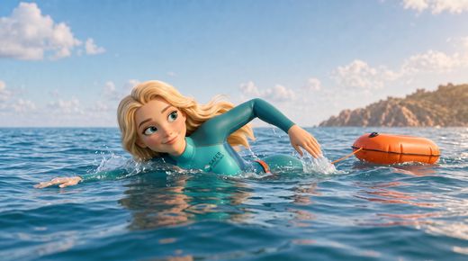 Regel 7: Richtige Ausrüstung – Rettungsweste zuerst! — so geht es richtig · Same bay, same light: Safety swims front crawl in open water, the orange tow float traili