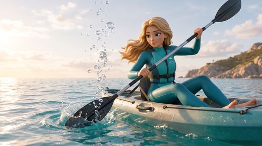 Regel 8: Abstand halten – Schwimmer, Taucher und andere schützen — From her kayak, Safety looks down at a stream of diver bubbles rising to the surface a short distance ahead an