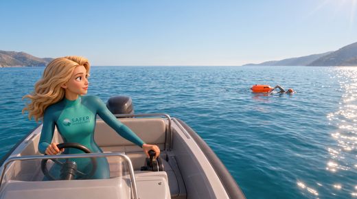 Regel 8: Abstand halten – Schwimmer, Taucher und andere schützen — start2 · View over the bow of a small motorboat: a bright orange tow float with a swimmer is visible ahead in 