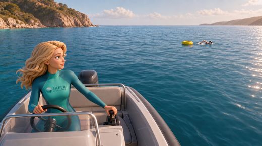 Regel 8: Abstand halten – Schwimmer, Taucher und andere schützen — ende2 · The small boat has turned away and now passes the swim float at a wide, clearly visible distance, movi