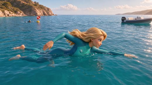 Regel 8: Abstand halten – Schwimmer, Taucher und andere schützen — so geht es richtig · Same water, same light: the boat has passed far to the side, the swimmer continues undist