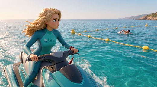 Regel 8: Abstand halten – Schwimmer, Taucher und andere schützen — sport · Safety rides a jet ski slowly and well outside a roped-off swimming area, the buoy line clearly betwee
