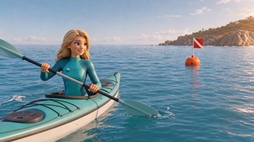 Regel 8: Abstand halten – Schwimmer, Taucher und andere schützen — Seen from the water: Safety paddles a sea kayak calmly and keeps a wide, clearly visible distance from a red-a