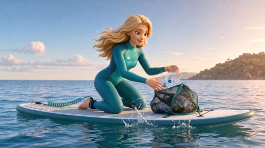 Regel 10: Natur genießen & schützen – Keine Spuren hinterlassen — Safety kneels on her SUP and drops collected rubbish into a mesh bag clipped to the board, mid-motion. Clear w