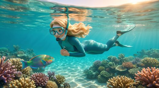 Regel 10: Natur genießen & schützen – Keine Spuren hinterlassen — sport · Safety snorkels above a reef with her hands deliberately held close to her body, watching a fish witho