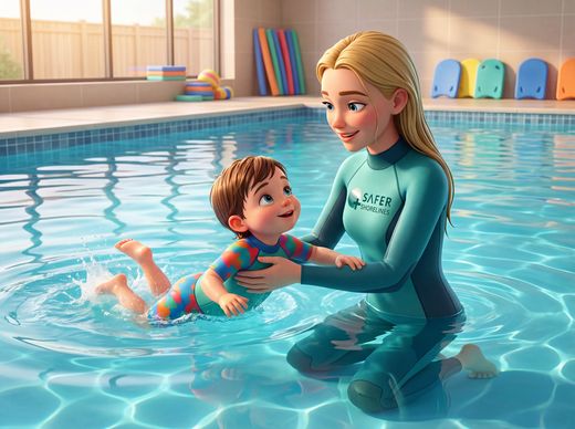 Schwimmen lernen mit Safety — Safety begleitet ein Kind beim Schwimmenlernen im Becken. Sie stützt es mit beiden Händen unter der Brust, Bli